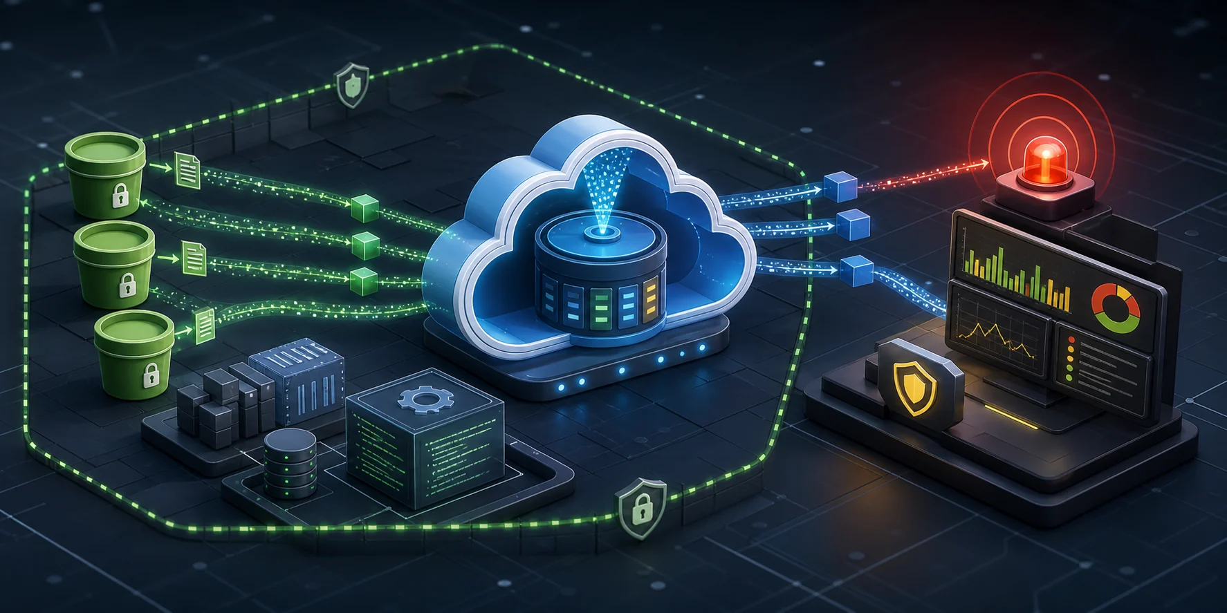Cloud audit logging banner showing sensitive storage buckets, centralized log routing, and monitoring alerting