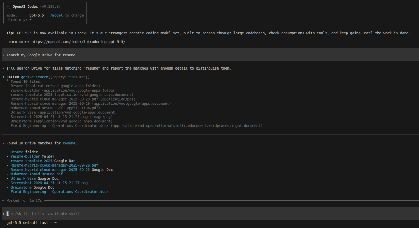 Codex searching Google Drive through the local MCP server