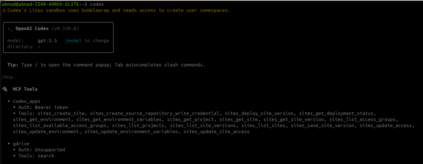 Codex MCP status showing the Google Drive MCP server